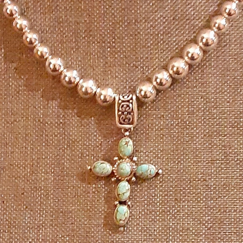 Navajo Native American Andy Cadman Sterling Silver Blue Turquoise Cross Pendant